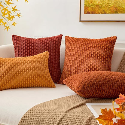 Kevin Textile Fall 12x24 Inch Pillow Cover 1 Pack Boho Decorative Soft Striped Corduroy Lumbar Farmhouse Solid Color Accent Rectangle Cushion Case for Living Room Couch Sofa Bed, Burnt Brick