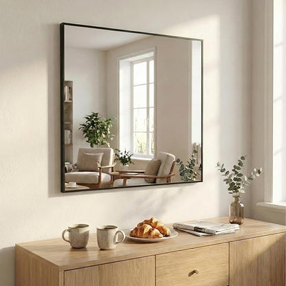 36''x36'' Large Black Square Mirror, Matte Metal Framed Bathroom Vanity Mirror, Oversized Wall Mirror for Entryway, Industrial Decor, Flush Mount