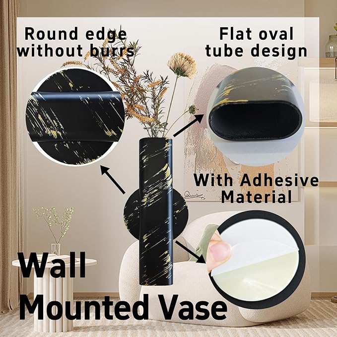 7" Wall-Mounted Flower Tube, Top/Bottom Open Vase Tube, Wall Metal Flower Tube Decoration Holder for Flower Display with Sticker, 2pcs(Black Gold)
