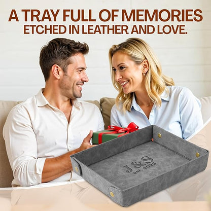 Engraved Leather Valet Tray for Couples – Personalized Catchall with Custom Name – Organizer for Keys, Wallet, Jewelry – Romantic Gift – Grey
