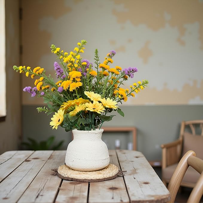 Rustic Wide Mouth Ceramic Flower Vase for Home Decor,Handmade Vintage Stoneware Clay Pottery Terracotta Textured for Modern Farmhouse, Living Room, Office Desk Table Shelf(Beige White) 6IN