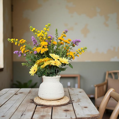 Rustic Wide Mouth Ceramic Flower Vase for Home Decor,Handmade Vintage Stoneware Clay Pottery Terracotta Textured for Modern Farmhouse, Living Room, Office Desk Table Shelf(Beige White) 6IN
