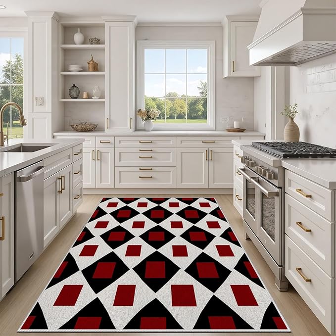 Plaid Rug 2x3, Vintage Geometric Soft Ultra Soft Faux Wool Low Pile Rug, Indoor Floor Mats Carpet, Non-Slip Stain Resistant Washable Rugs, Modern Red Rugs for Living Room Home Office Decor