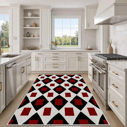 Plaid Rug 3x4, Vintage Geometric Soft Ultra Soft Faux Wool Low Pile Rug, Indoor Floor Mats Carpet, Non-Slip Stain Resistant Washable Rugs, Modern Red Rugs for Living Room Home Office Decor