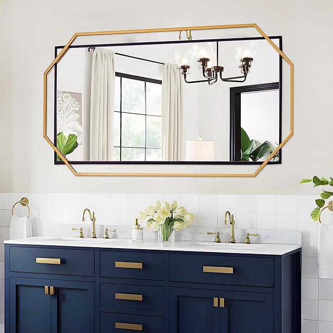 55"x28" Black Large Decorative Vanity Wall Mirror, with Gold Metal Frame, Modern Accent Horizontal Mirror for Living Room, Bedroom, Entryway