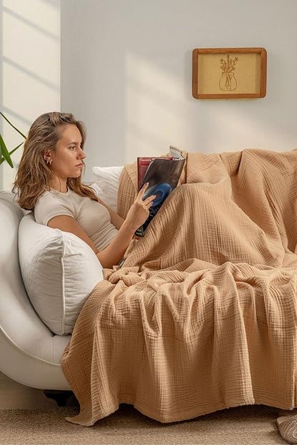 Muslin Blanket - Pure 100% Turkish Cotton Airy Soft Light Versatile Gauze Throw Blanket for Bed, Couch, Sofa (Beige, King Size (95" x 110" inch))