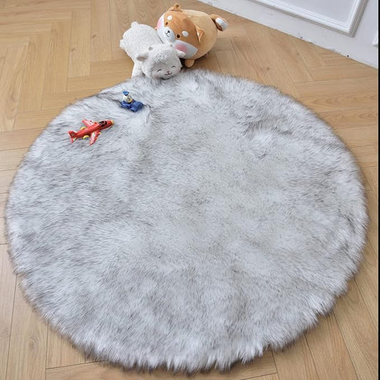 duduta White Black Faux Sheepskin Round Rug 4x4 ft, Fluffy Shag Fur Bedroom Nursery Kids Playroom Rug Dorm Decor Non Slip Washable