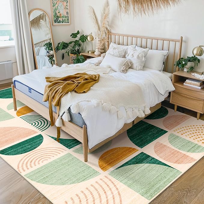MUJOO Green Rug Boho Washable,5x7 Area Rugs for Living Room Bedroom,Large Throw Floor Carpet Non Slip Soft Modern Abstract Sage Green
