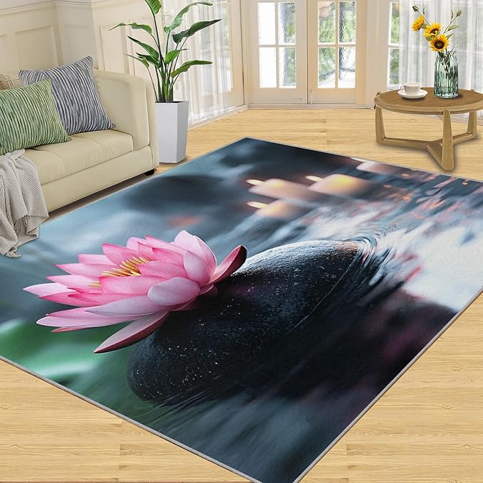 Zen Stones Washable Area Rug 4x5, Pink Petals Soft Rugs for Living Room Recuperative Spa Carpet Area Rugs for Bedroom Dining Room Non-Slip Stain Resistant Rug