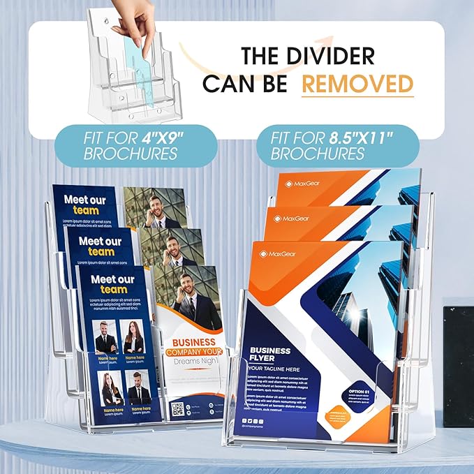 MaxGear Brochure Holder 3 Tier 8.5x11 inch with Removable Divider for 4x9 inch Acrylic Literature Display Stand Clear Plastic Flyer Holder Wall Mount or Countertop Use for Pamphlets, Booklets, 2 Pack