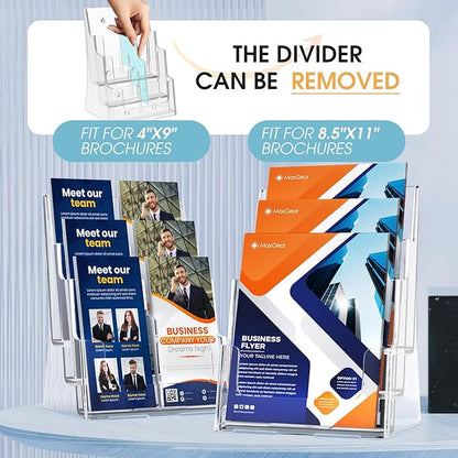 MaxGear Brochure Holder 3 Tier 8.5x11 inch with Removable Divider for 4x9 inch Acrylic Literature Display Stand Clear Plastic Flyer Holder Wall Mount or Countertop Use for Pamphlets, Booklets, 2 Pack