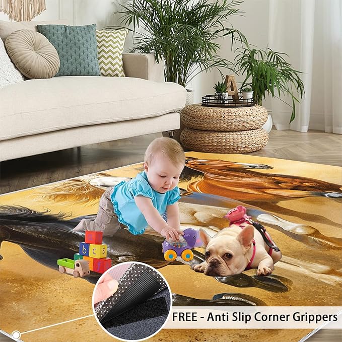 Horses 4x5 Area Rugs for Living Room Stouts Washable Rug Desert Landscape Rug Non Slip Low Pile Soft Area Rugs for Bedroom Bedside Dining Room Kids