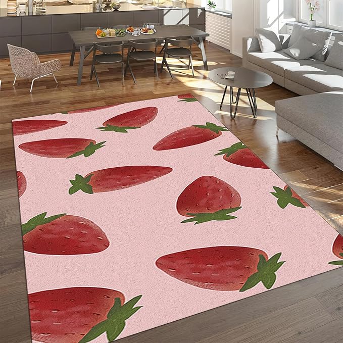 Strawberry Pink Fruit Area Rug, Cute Girl Non Slip Noise Reduction Kids Rugs, Machine Washable Durable Carpet for Indoor Bedroom Living Room Office Decor Rug - 6 ft x 8 ft