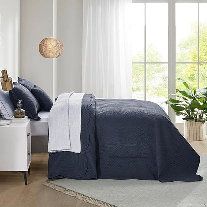 HZ & HY Oversized King Bedspread 138x122 Extra Wide, Ultrasonic Coverlet Bedding Set, Lightweight Thin Comforter, Reversible, 5 Piece, 100% Microfiber, California/Alaskan King, Navy Blue
