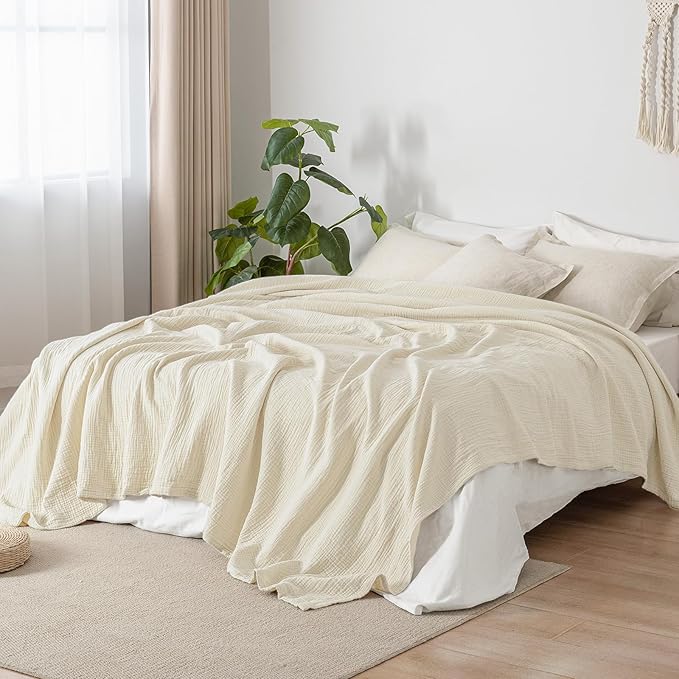 PHF 100% Cotton Muslin Blanket Queen Size 90"x90", 4-Layer Lightweight Gauze Throw, Breathable Cloud-Soft Minimalist Blanket for Bed, Couch, Camping & Baby, Birch, Ideal Gift