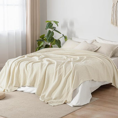 PHF 100% Cotton Muslin Blanket Queen Size 90"x90", 4-Layer Lightweight Gauze Throw, Breathable Cloud-Soft Minimalist Blanket for Bed, Couch, Camping & Baby, Birch, Ideal Gift