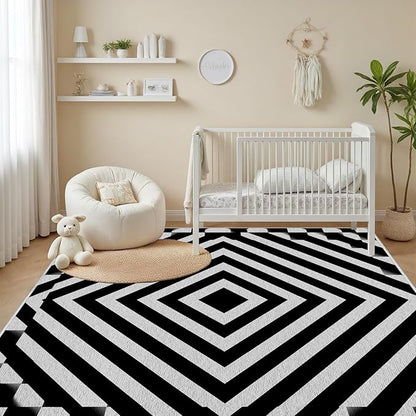 Black and White Rug 7x9, Checkered Soft Thin Indoor Floor Mats Carpet, Non-Slip Stain Resistant Washable Rugs, Modern Rhombus Geometric Rugs for Living Room, Farmhouse Rug