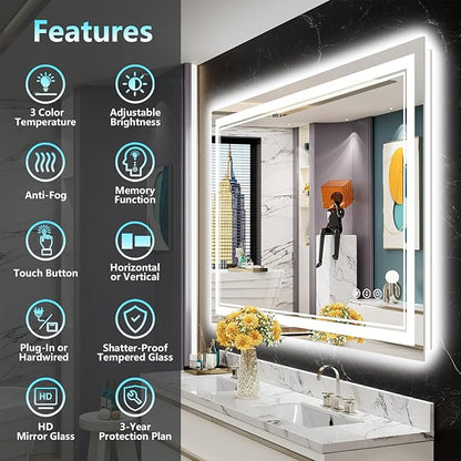 48x32 LED Bathroom Mirror with Lights, Backlit & Front Lit, Anti-Fog Frameless Lighted Vanity Mirrors for Bathroom Wall, Dimmable, 3-Color Light, Memory, Shatter-Proof, Tempered Glass, CRI＞90