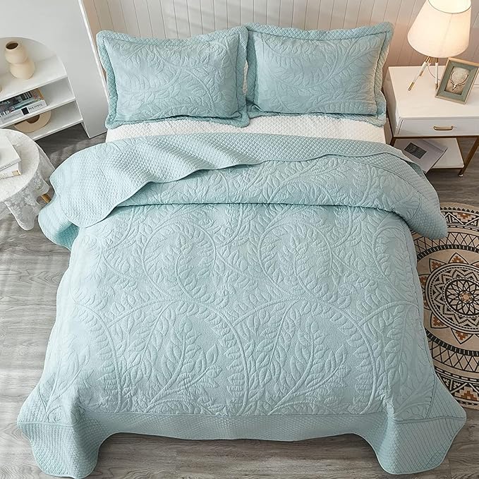 MarCielo 100% Cotton Quilt Set - 3-Piece Embroidered Farmhouse Bedspread & Shams, All-Season Breathable Bedding(Aruba Blue,Queen)