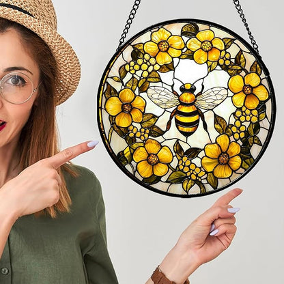 Stained Glass Window Hanging - Yellow Flowers Surrounded by Bees Sun Catcher for Door Garden Home Decor Cute Suncatcher Christmas Mother's Day Birthday Gifts for Women Men Mom Nana 6.3 in