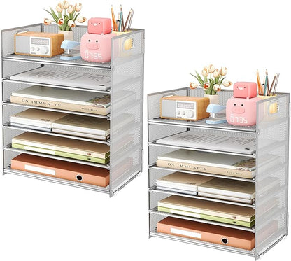 Subekyu 6-Tier Desk Paper Organizer, Desktop File Letter Tray with Handle, Document Sorter and Accessories Holder for Office, Home and School Workspace Organizers, Silver - 2 Pack