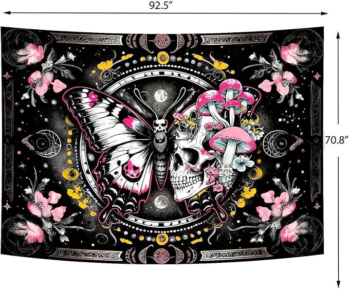 Delur Skeleton Butterfly Tapestry Pink Goth Skull Hippie Mushroom Plants Floral Boho Tapestry Fantasy Abstract Moon Phase Flower Wall Hanging Headboard for Bedroom Living Room Home Decor (70.8" x 92.5")