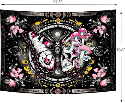 Delur Skeleton Butterfly Tapestry Pink Goth Skull Hippie Mushroom Plants Floral Boho Tapestry Fantasy Abstract Moon Phase Flower Wall Hanging Headboard for Bedroom Living Room Home Decor (70.8" x 92.5")