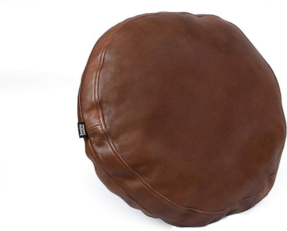 Lambskin Round Leather Pillow Cover - Sofa Cushion Case - Decorative Circular Cushion Throw Covers for Living Room & Bedroom, Dark Brown - Diameter 16 Inch