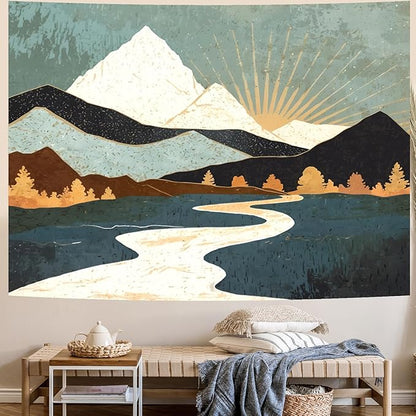 Delur Boho Mountain Tapestry Sunset Nature Forest Tree Landscape Wall Hanging Tapestry Sunrise Abstract Psychedelic Headboard for Bedroom Living Room Home Decor (70.8" x 92.5")