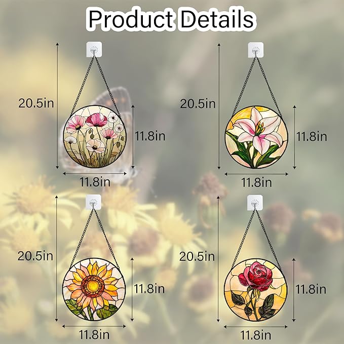 Stained Glass Window Hanging 4 Pcs Set Lily Rose Sunflower Poppy Large 11.8" - Flower Suncatcher Door Garden Sun Catcher Decor Birthday Mother's Day for Wife Woman Nana Girl