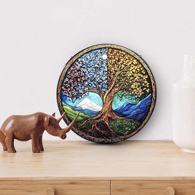 Tree of Life Stained Glass Window Hanging, 7.8" Round Sun Catcher Hand Painted Wall Art Decor with Chain, Unique Housewarming Gifts for Couples, Home