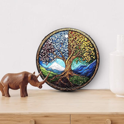 Tree of Life Stained Glass Window Hanging, 7.8" Round Sun Catcher Hand Painted Wall Art Decor with Chain, Unique Housewarming Gifts for Couples, Home