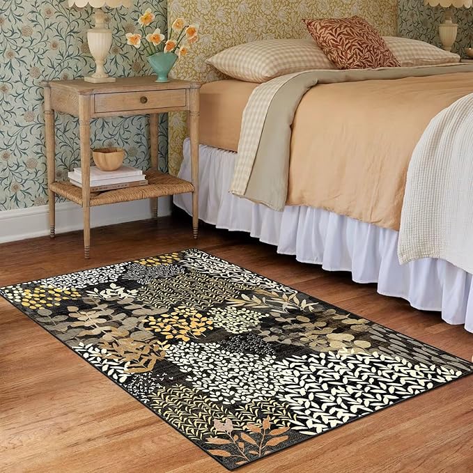 DEXDE 2x3 Area Rug, Small Boho Rugs Entryway Doormat Indoor Machine Washable Non-Slip Abstract Botanical Leaves Floral Floor Carpet for Living Room Bedroom Office Playroom, Black