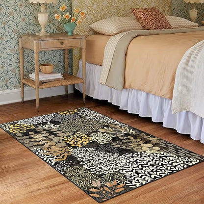 DEXDE 2x3 Area Rug, Small Boho Rugs Entryway Doormat Indoor Machine Washable Non-Slip Abstract Botanical Leaves Floral Floor Carpet for Living Room Bedroom Office Playroom, Black