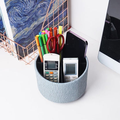 Round Leather Art Supply Organizer,Remote Control Holder,360 Degree Spinning,Multi-Functional Pencil Holder,4 Compartments Desktop Stationary Organizer(1-Wood Blue)