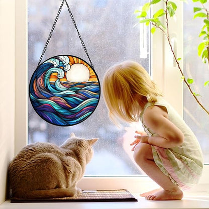 DASTOLL Stained Glass Window Hanging, Big Wave Sun Suncatcher Diamond Glass Panel Hangings Abstract Sun Catchers Decor for Birthday for Women, Men, Wife, Aunt, and Mom 11.8x11.8 in