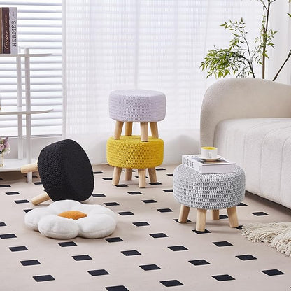 Wimarsbon Small Ottomans, 100% Hand Knitted Pouf, Round Footrest with 4 Non-Skid Wood Legs, Boho Décor Cotton Rope Pouffe Beside Sofa, Leisure Floor Step Chair for Living Room (Yellow)