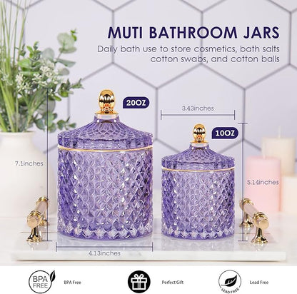 2 Pack Qtip Holder Apothecary Jars with Lids, Purple Bathroom Accessories Aesthetic Room Decor Bathroom Decor Sets, Cotton Ball Storage Organizer for Cotton Swab, 20oz+10oz