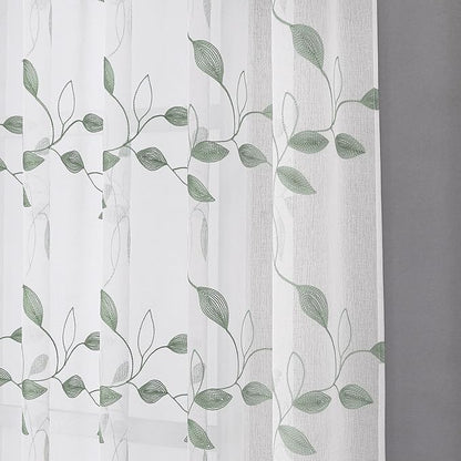 Tollpiz Sage Green Leaf Sheer Curtains Leaves Embroidered Bedroom Curtain Rod Pocket Voile Window Treatment for Living Room, 54 x 84 inches Long, Set of 2 Panels