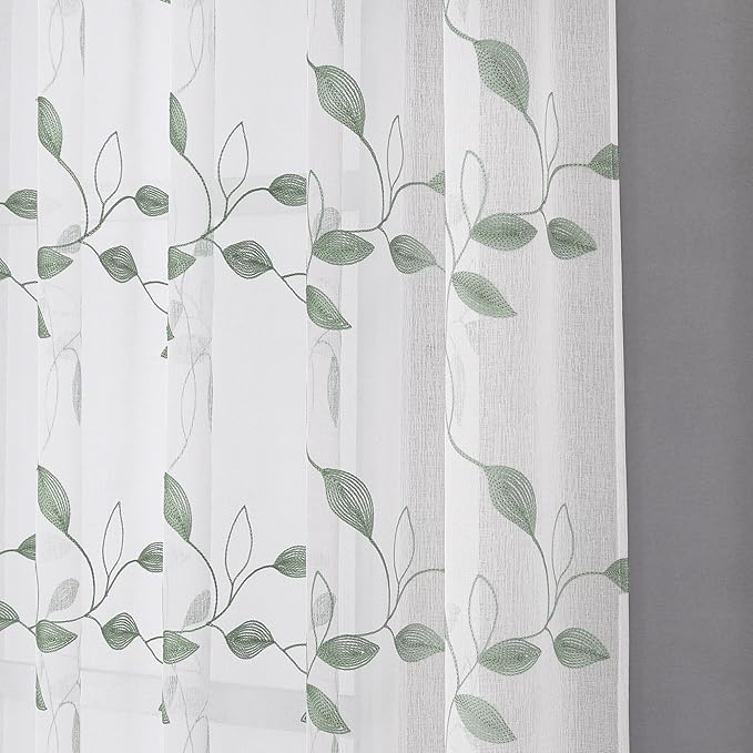 Tollpiz Sage Green Leaf Sheer Curtains Leaves Embroidered Bedroom Short Curtain Rod Pocket Voile Window Treatment for Living Room, 38 x 54 inches Long, Set of 2 Panels