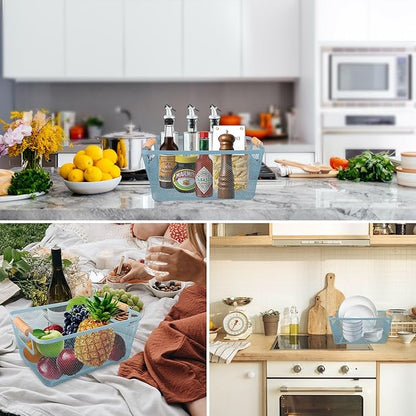 2Pack Metal Mesh Steel Basket with Bamboo Handle - Wire Metal Basket for Kitchen Organization, 12" Wide Food Organizer Bin, Perfect for Organizing Bulk Pantry (BLUE)