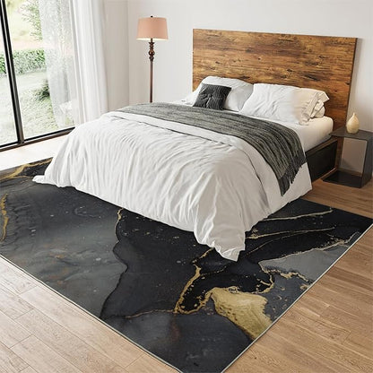 Elegant Black Gold Abstract Marble Design Art Area Rug, Modern Luxury Creativity Print Large Rugs, Machine Washable Breathable Durable Carpet for Room Sofa Living Room Mat Bedroom Decor,6 x 9ft