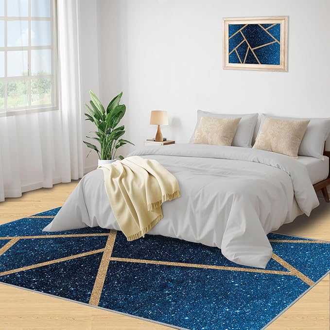 Abstract Marble Rug Navy Blue Marble Area Rug Blue Starry Geometric Area Rugs Gold Lined Geometric Shapes Rugs Modern Minimalist Carpet for Living Room Bedroom 8x10ft