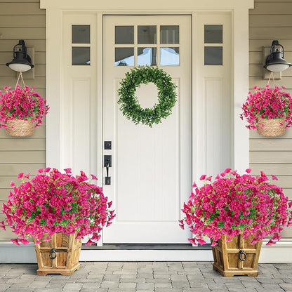 Artificial Flowers for Outdoors 12 Bundles Realistic Faux Plants UV Resistant Fake Silk Morning Glory with Eucalyptus for Front Door Planter Patio Porch Outside Spring Summer Decoration (Magenta)