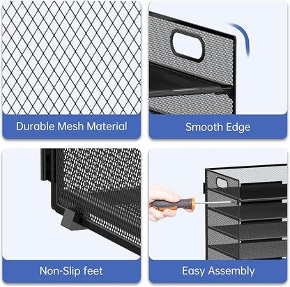 7-Tier Paper Organizer for Desk, Letter Tray with Handle Mesh Desk File Organizer, Workspace Organizers, Paper Sorter Organizer for Office Home School (Black)