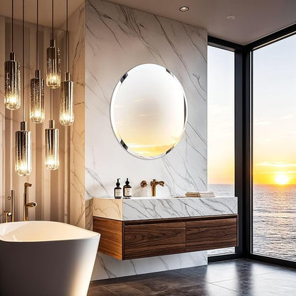 Frameless Round Wall Mirror: Decorative Mirrored Glass Vanity with Beveled Silver Edge for Bathroom Bedroom Livingroom Dining Room Entryway Hallway, 36 x 36 inch