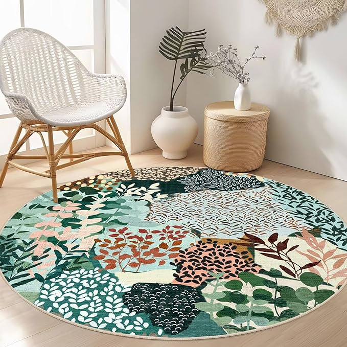 DEXDE Round Rug 4ft Washable Circle Area Rugs, Non Slip Low Pile Boho Floral Small Circular Carpet for Bedroom Bathroom Entryway Kids Room Office Dining Room, Dark Green