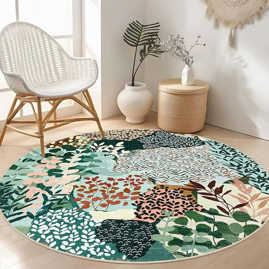 DEXDE Round Rug 4ft Washable Circle Area Rugs, Non Slip Low Pile Boho Floral Small Circular Carpet for Bedroom Bathroom Entryway Kids Room Office Dining Room, Dark Green