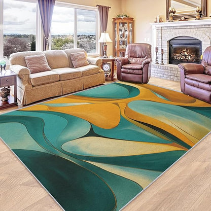 Abstract Rugs for Bedroom - Abstract Swirl Area Rug, 4x5 Rug, Yellow Blue Contemporary Rug & Home Decor, Modern Carpet & Room Decor, Washable Non Slip Anti Skid Rugs