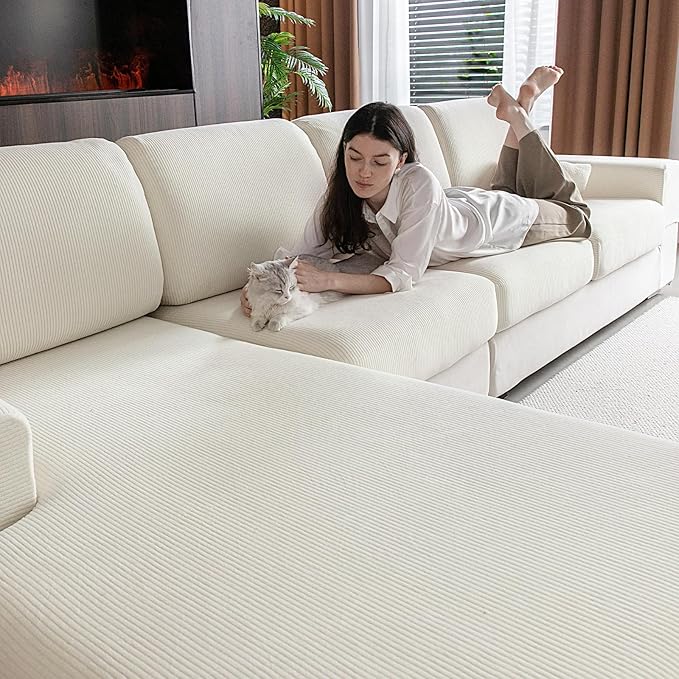 Sectional Couch Covers, Wear Resistant Stretch Sofa Covers Washable Soft Couch Cushion Covers Anti Slip Furniture Protector Sofa Slipcovers for Pets (1 Piece Chair Cover, Ivory)